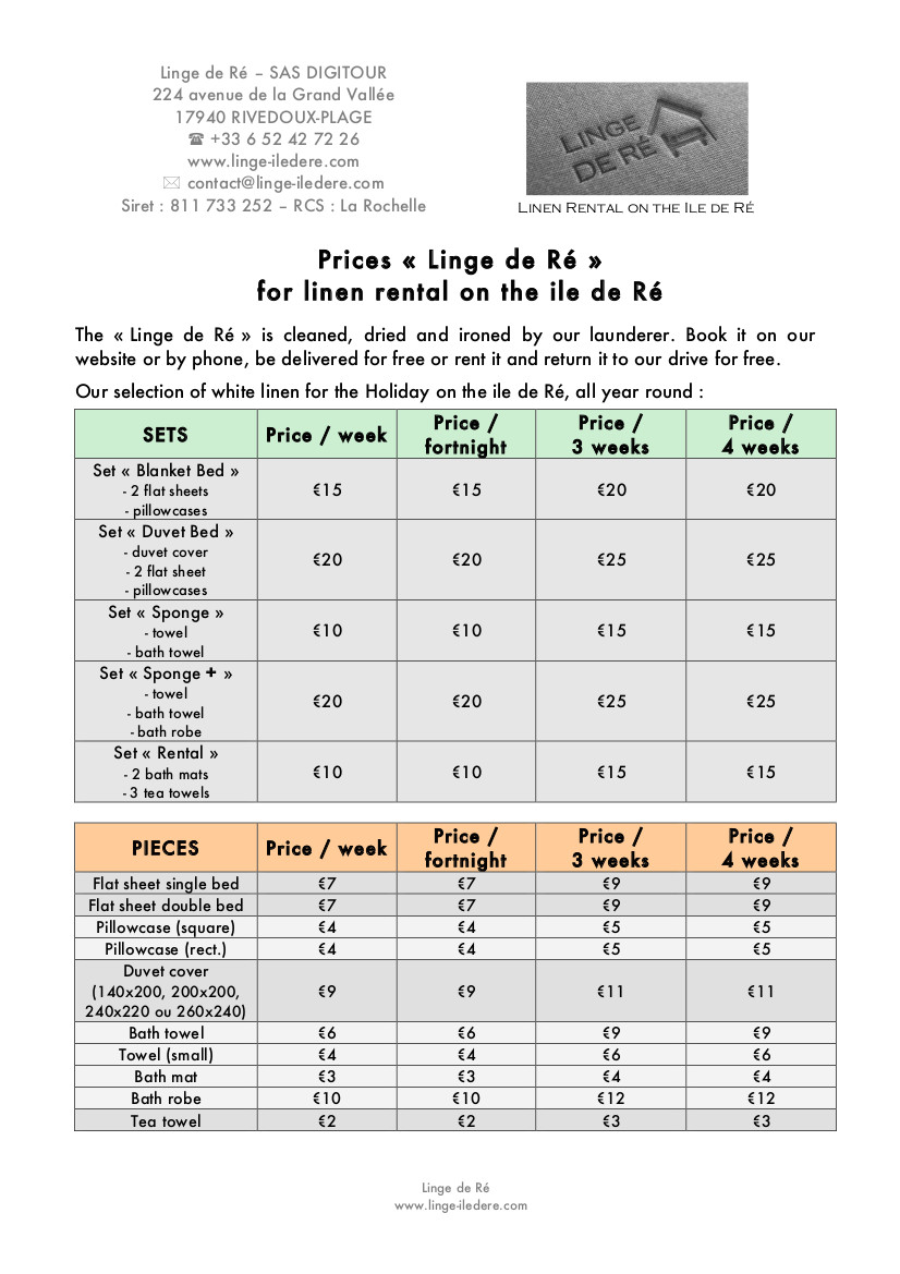 Linen rental on the ile de Ré: prices